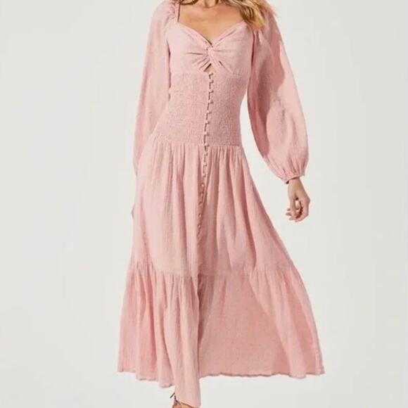 ASTR the Label Twist Bust Puff Sleeve Midi Dress Pink - Picture 1 of 11